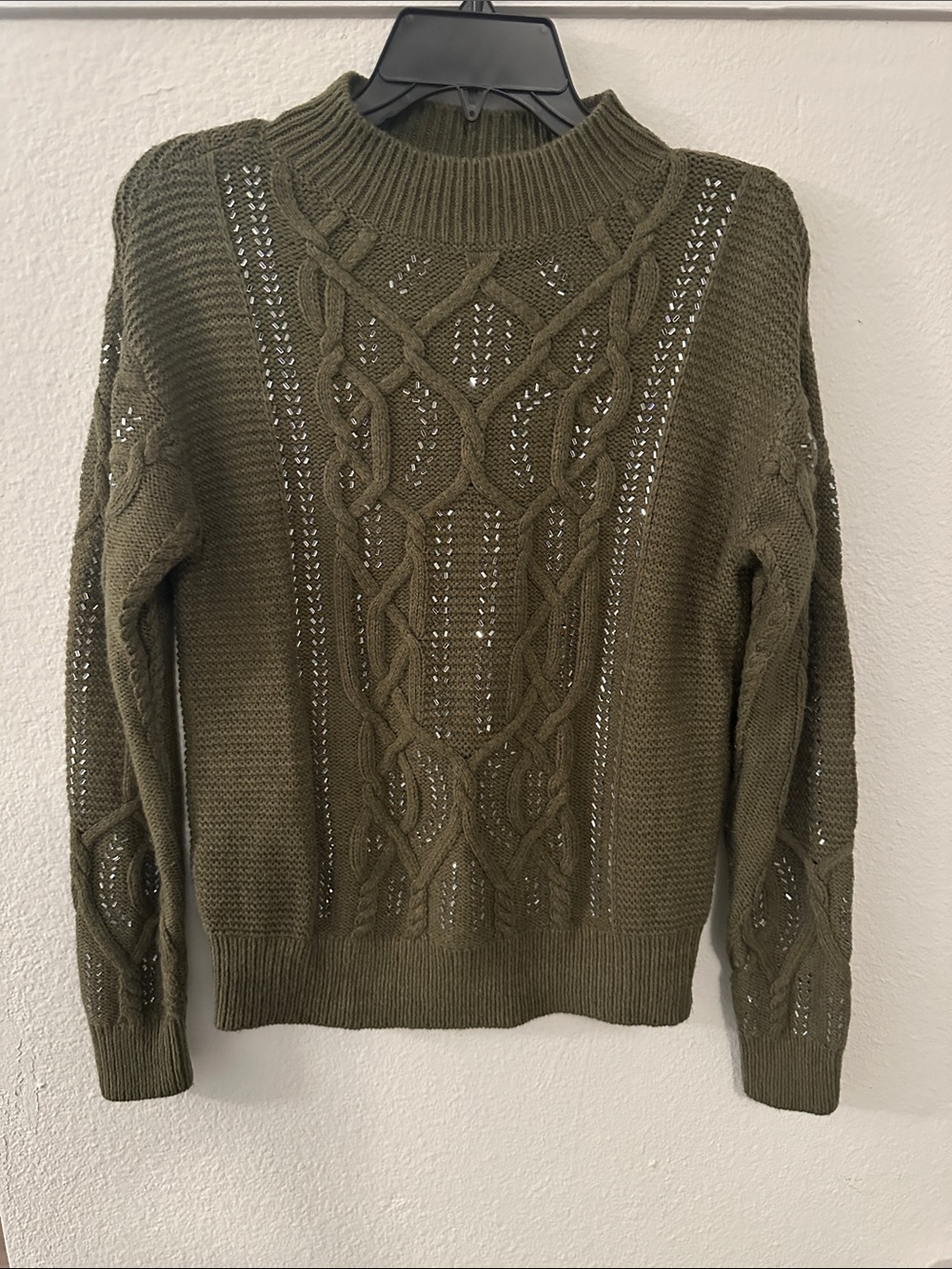 White House Black Market Olive Cable Knit Mock Neck Sweater